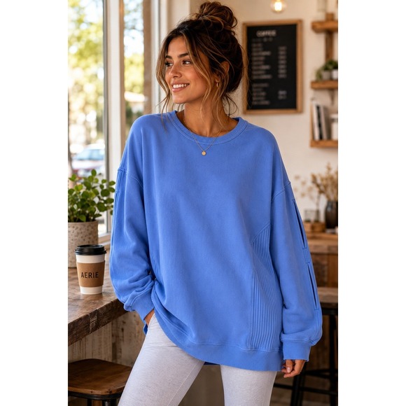 aerie Tops - Aerie Womens L Blue Oversized Crewneck Sweatshirt Ribbed Side Panels Slit